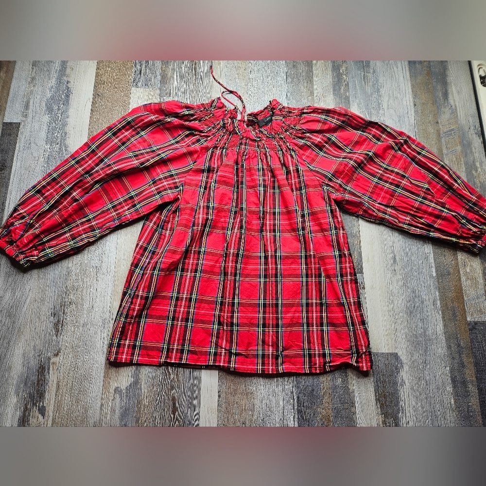 J. Crew Smocked-Neck Top In Good Tiding Red Plaid Size XS Holiday